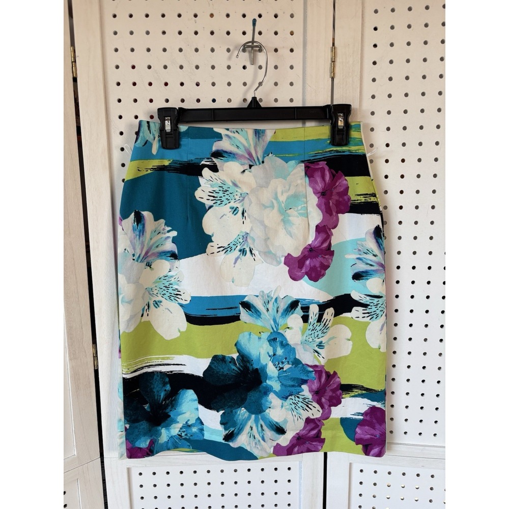 Worthington 8 Cotton Blend Stretch Pencil Skirt Colorful Floral Teal‎ Purple